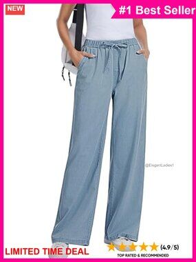 Women High Rise Wide Leg Jeans Drawstring Elastic Waist Pull On Denim Pants